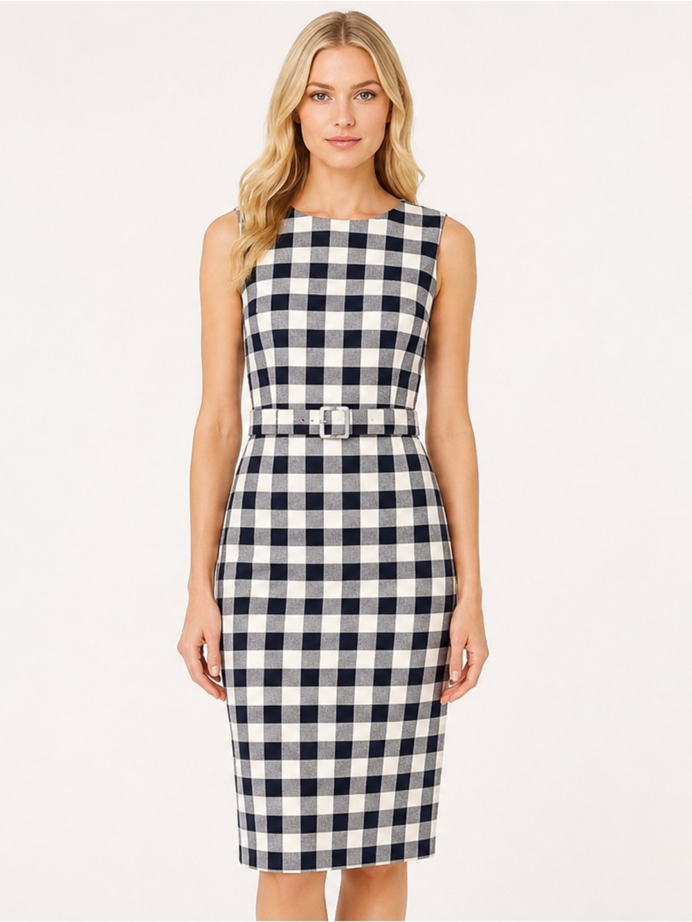 J. Crew Belted Gingham Sheath Dress in Bi-Stretch Cotton Navy and White Size 8